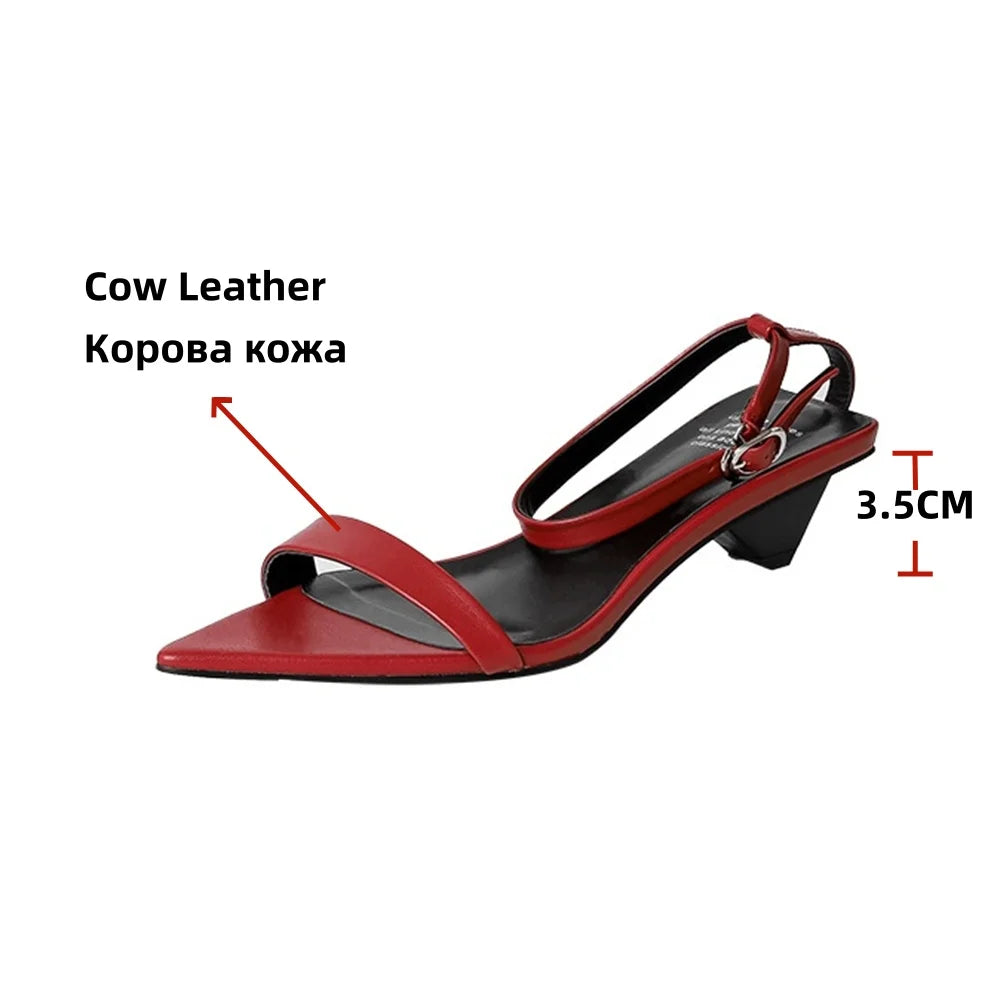 Leopard Sandals Leather Kitten High Heels Pointed Toe Party Wedding Shoes Woman Buckles Prom Summer Pumps