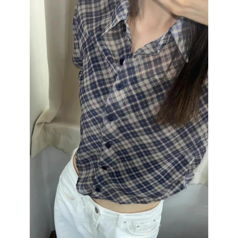 Korean Contrast Color Plaid Shortsleeved Shirt Summer New Polo Collar Multibutton Seethrough Crop Tops