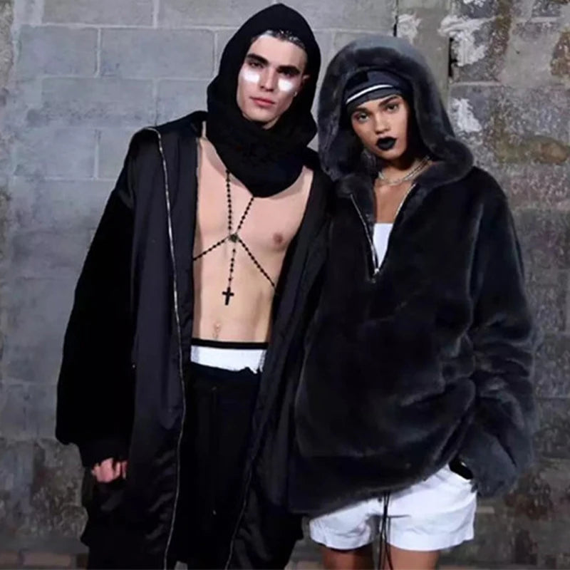 Runaway Brand Faux Fur Long Coat Big Pocket Warm Jacket Zip Hooded Fake Rabbit Fur Plush Overcoats