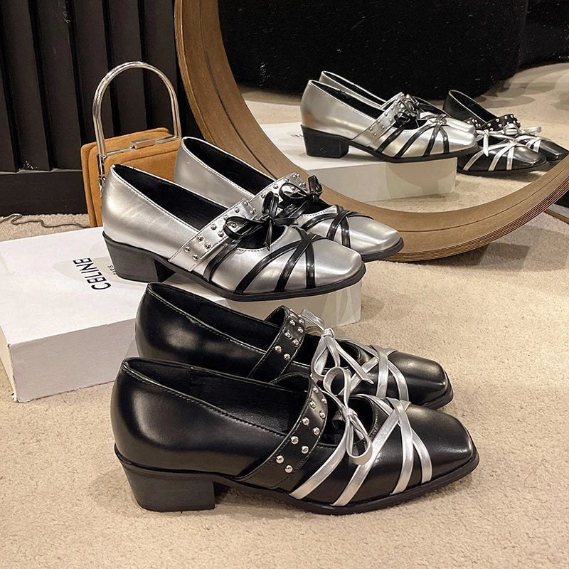 Bow Mid Heels Shoes Cross Belt Office Designer Sandals Summer Dress Loafers Chunky Shallow Punk Zapatos Mujer Pumps