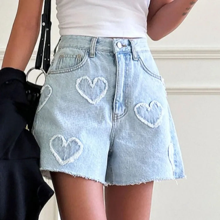 Sweet Fur Heart Pattern Denim Shorts for Y2k High Waist Loose Straight Short Pants Summer New Wide Leg Shorts
