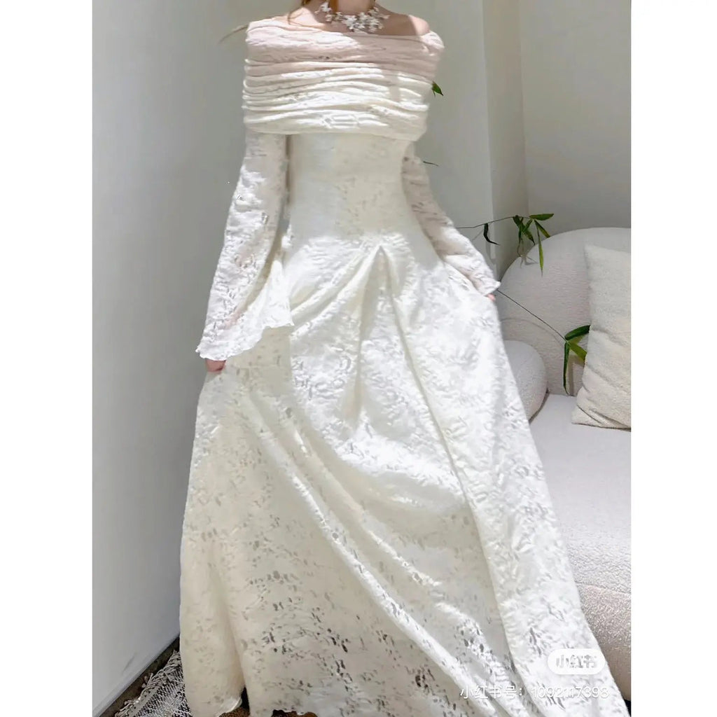 Autumn/winter Retro Flare Sleeve Off Shoulder Shawl White Dress Slimming Knitted Jacquard Fishtail Maxi Dress for