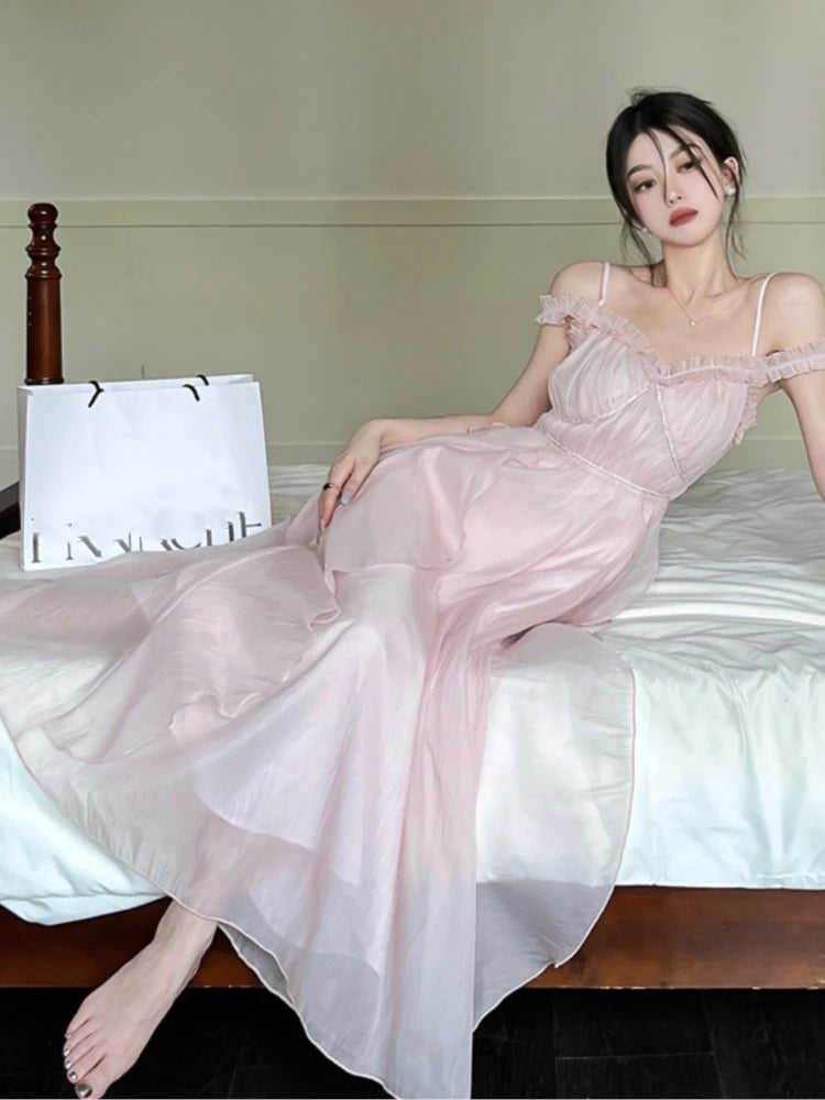 Summer Sweet Pink Fairy Chiffon Midi Dress Korean Onepiece Aline Vestidos Female Clothing Mujers