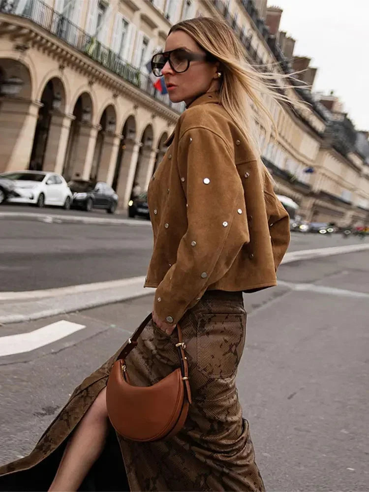 Metal Buckle Short Jacket Lapel Long Sleeves Zipper Cropped Coat Autumn New Female High Street Outwear