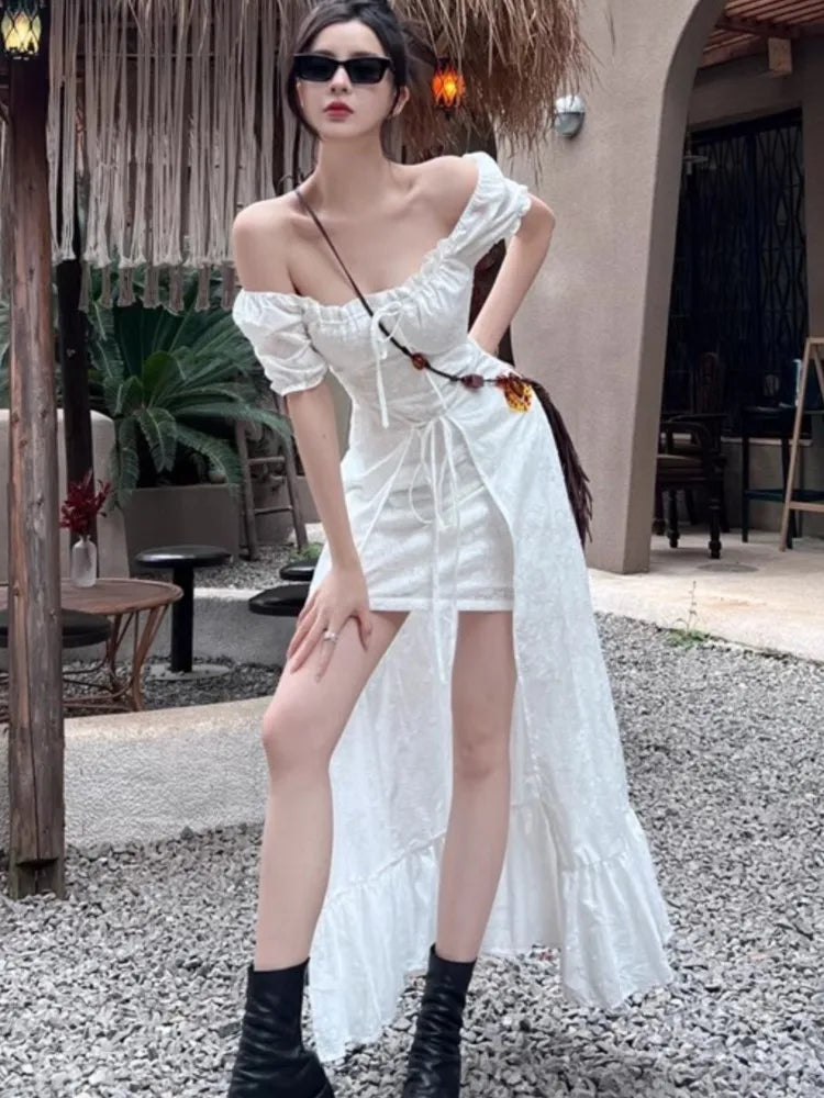 Y2k Long Dresses for Puff Sleeve Lace-up A-line Off Shoulder Club Party Dress Summer New Korean One Piece Vestido
