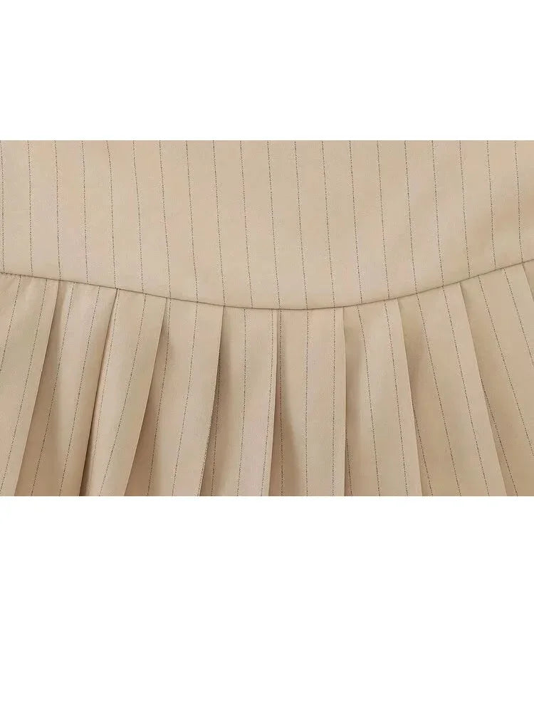 Summer Woman Stripe Slim Mini Skirts Side Zipper Stripe Skirt Low Waist Pleated Skirt With Lining Shorts