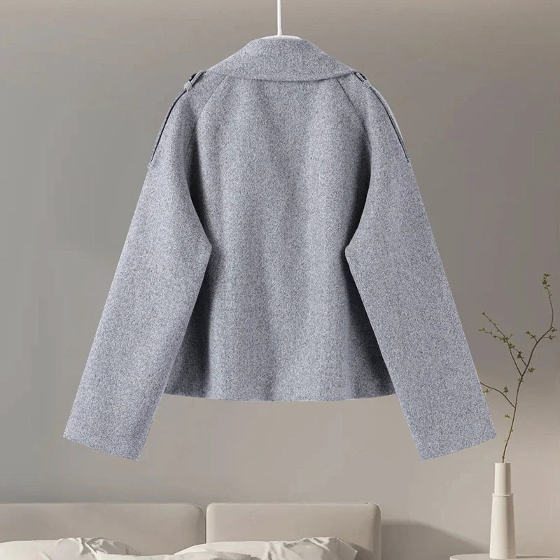 Single Breasted Woolen Coat Loose Lapel Long Sleeve Female Short Jacket Autumn Winter New Grey Lady Outwear