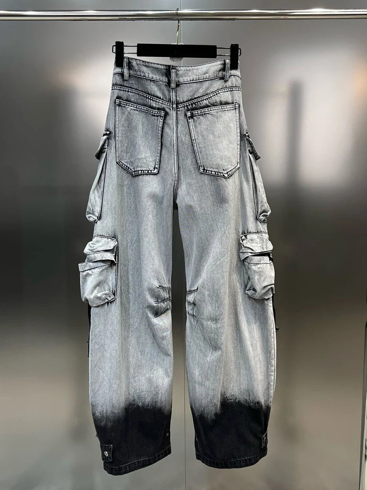 Gradient Multiple Pockets Design Jeans Single Button High Waist Denim Pants Autumn Female New