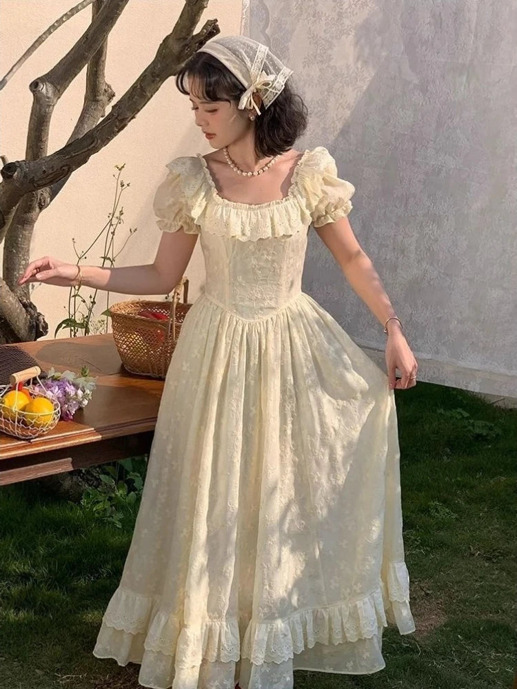 Lace Ruffles Long Dresses Square Neck Spring Summer Princess Dress Aline Sweet Vestidos Mujer
