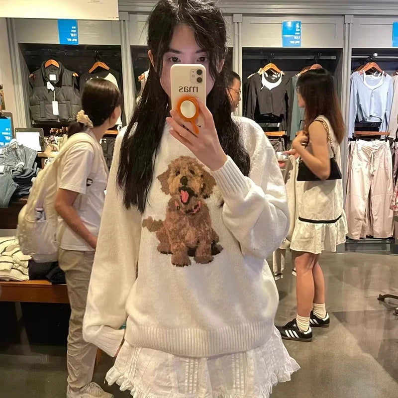 Kawaii Cartoon Dog Sweater Y2k Harajuku Print Knitted Pullovers Korean Long Sleeve Knitwear Winter Jumpers