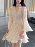 Vneck Flare Sleeve Aline Mini Dress Pleated Chiffon Temperament Birthday Prom Femme Vestido Mujer New Autumn