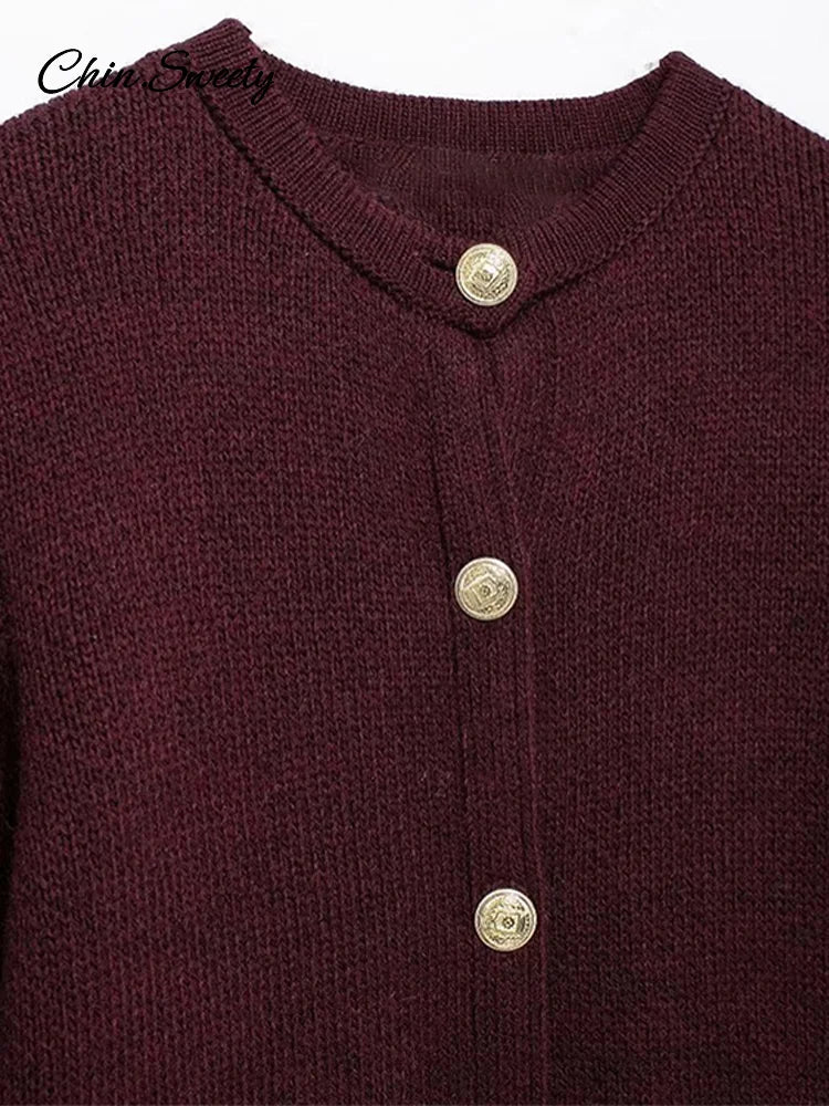 Autumn Knit Burgundy ’s Cardigans O-neck Single-breasted Long Sleeve Pocket Top Autumn Winter Lady All-match Knitwear