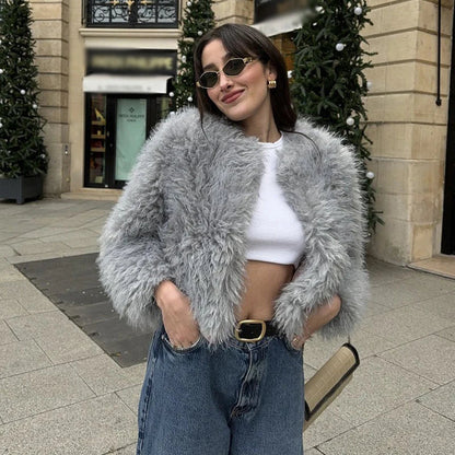 Faux Fur Jackets Loose Warm Soft Cardigan Coats Female Winter Long Sleeves Outwears Lady