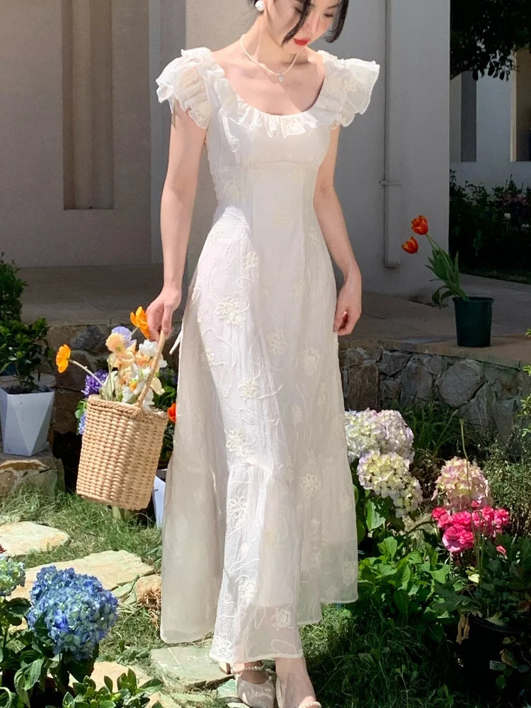 Summer French Midi Dress Ruffles Slim Party Dress Holiday Beach Korean Vestidos