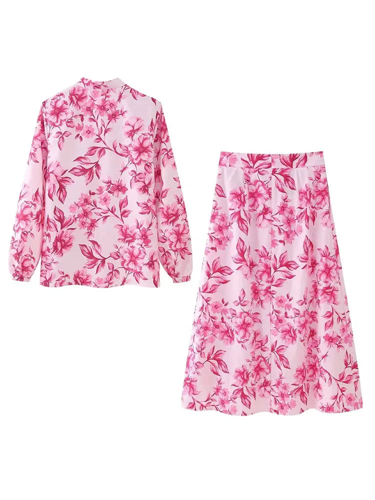 2 Piece Set Printed Long Sleeves Singlebreasted Top Blouse Female High Waist Aline Skirt