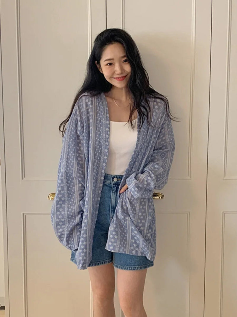 Korean Style Shirt Summer New Cardigan Shirts Outwear Long Sleeve Top Pocket Clothes