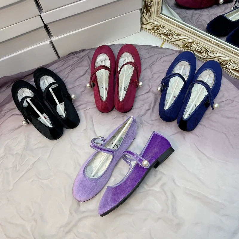 Retro Purple Burgundy Satin Pearl Velvet Mary Jane Flat Shoes for Ballet Flats Students Designer Shoes for