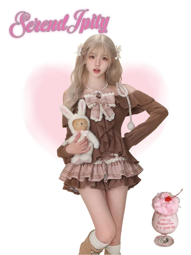 2000s Y2k Suits Retro Brown Crop Tops Sweater + Mini Skirt Japanese Kawaii 2 Piece Sets Korean Party Clothing
