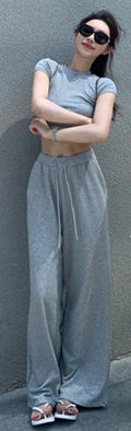 Sweet Hot Girl Suit Summer Slim Fit Oneck Shortsleeved Tshirt Wide Leg Long Pants Twopiece Set Female Clothes
