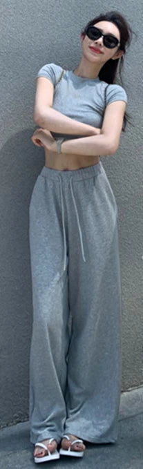 Sweet Hot Girl Suit Summer Slim Fit Oneck Shortsleeved Tshirt Wide Leg Long Pants Twopiece Set Female Clothes