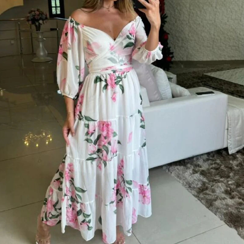 Half Sleeve Swing Beach Long Dress Female Draped Loose Party Dress Print Off Shoulder Pleat Dress