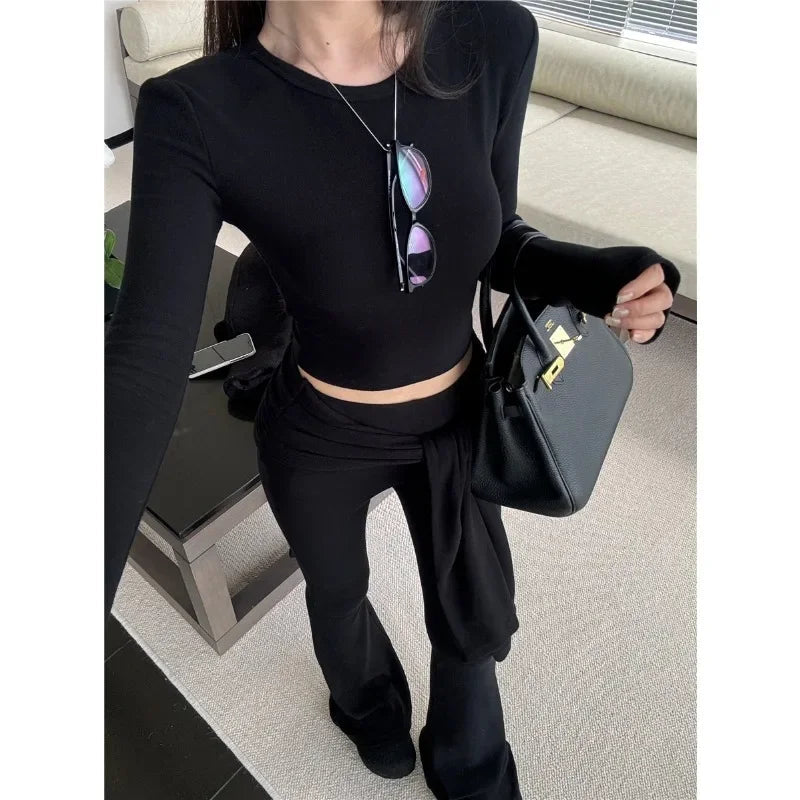 Autumn New Laceup Color Wide Leg Pants + Slim Longsleeved Tshirt Twopiece Suit