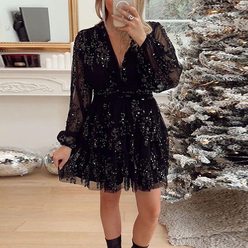 Deep Vneck Layer Christmas Dress Spring Glitter Sequins Shiny Party Dress Autumn Long Sleeve Tunic Aline Mini Dress