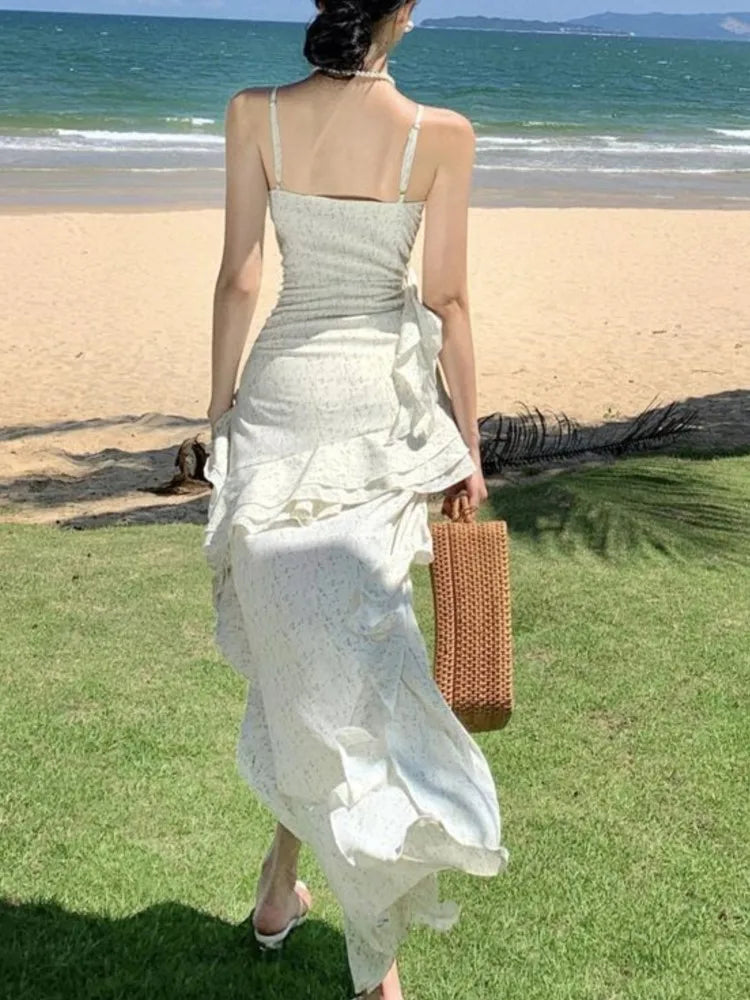 Summer Club Sling Print Slim Fairy Dress Irregular Layered Ruffles Backless Holiday Party Long Dress New