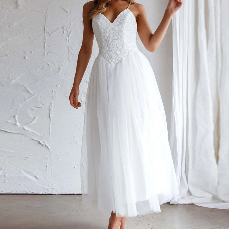 Embroidered Lace Party Dress Vneck Sleeveless Long Dress Loose Hollow Out Beach Dress