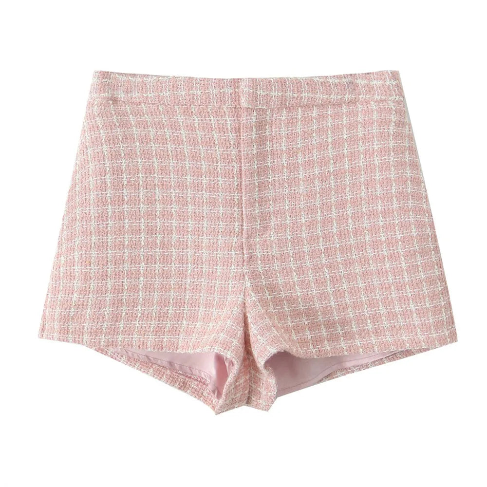 2 Pieces 1 Set French Style Retro Pink Plaid Woven Tweed Blazer + High Waist Mini Shorts Pants Suits