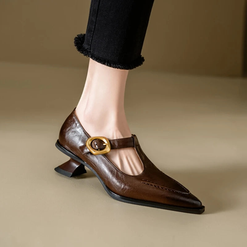 New Autumn/spring Pumps Split Leather Shoes for Pointed Toe Kitten Heel Shoes Soft Retro Buckle Mary Jane Shoe