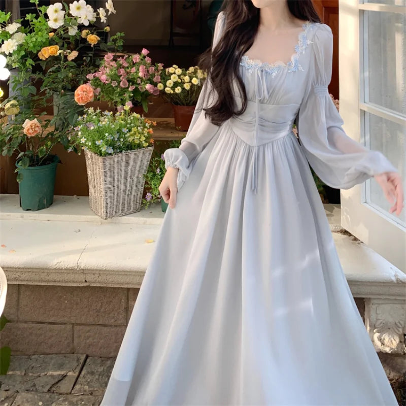 French Princess Evening Party Midi Dresses for Springtime Slim Bandage Long Sleeve Vestidos Korean Summer Clothes