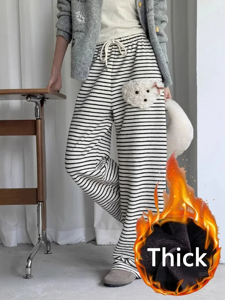 Stripe Dog Graphic Sweatpants Cutecore Cartoon Embroidery Wide Leg Straight Pants Korean Thick Warm Winter Bottoms
