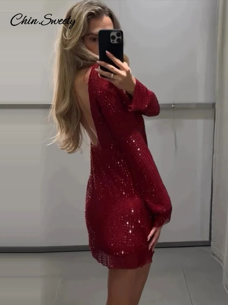 Sequins Backless Red Christmas Mini Dress Shiny O-neck Long Sleeve Dresses Female New Lady Slim Party Club Gowns