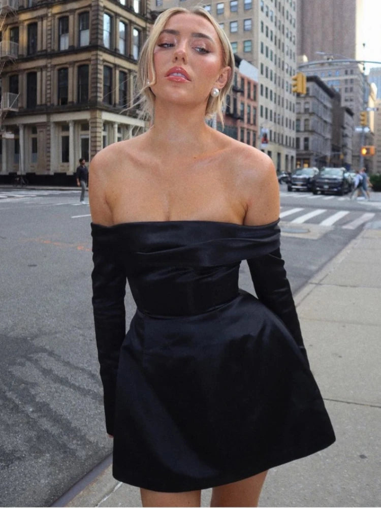 Off Shoulder Mini Dress for High Waist Long Sleeve Slits Aline Dresses Party Evening Dress Lady