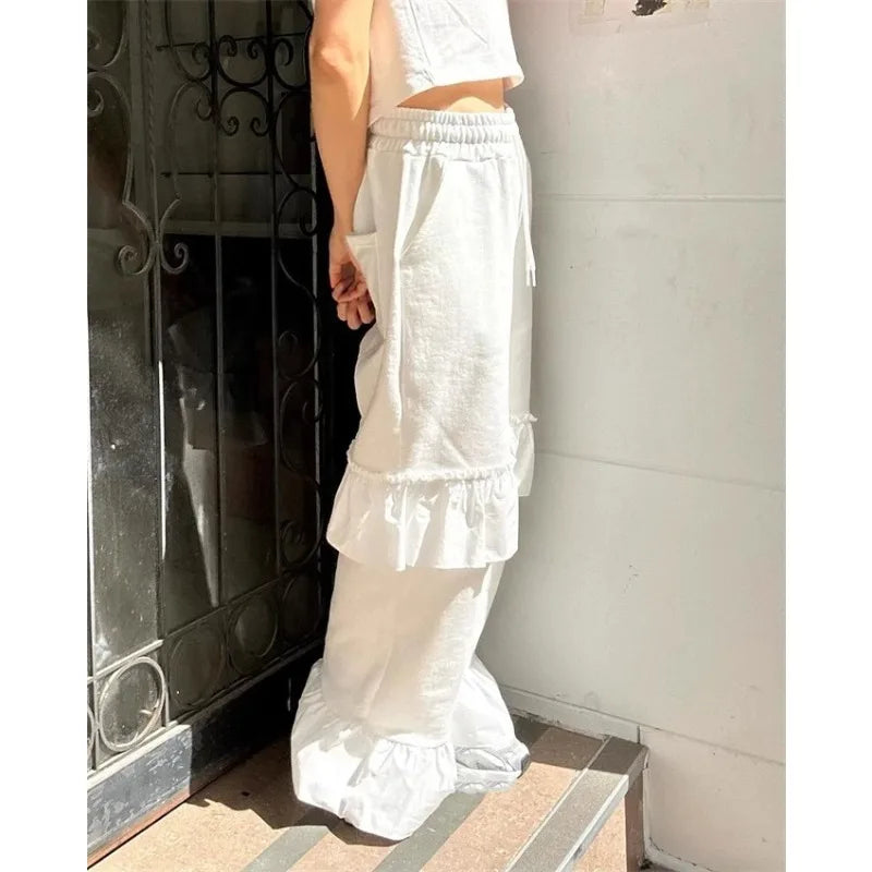 Korean Retro Ruffled Stitching Drawstring Pants Spring and Summer White Flare Pants