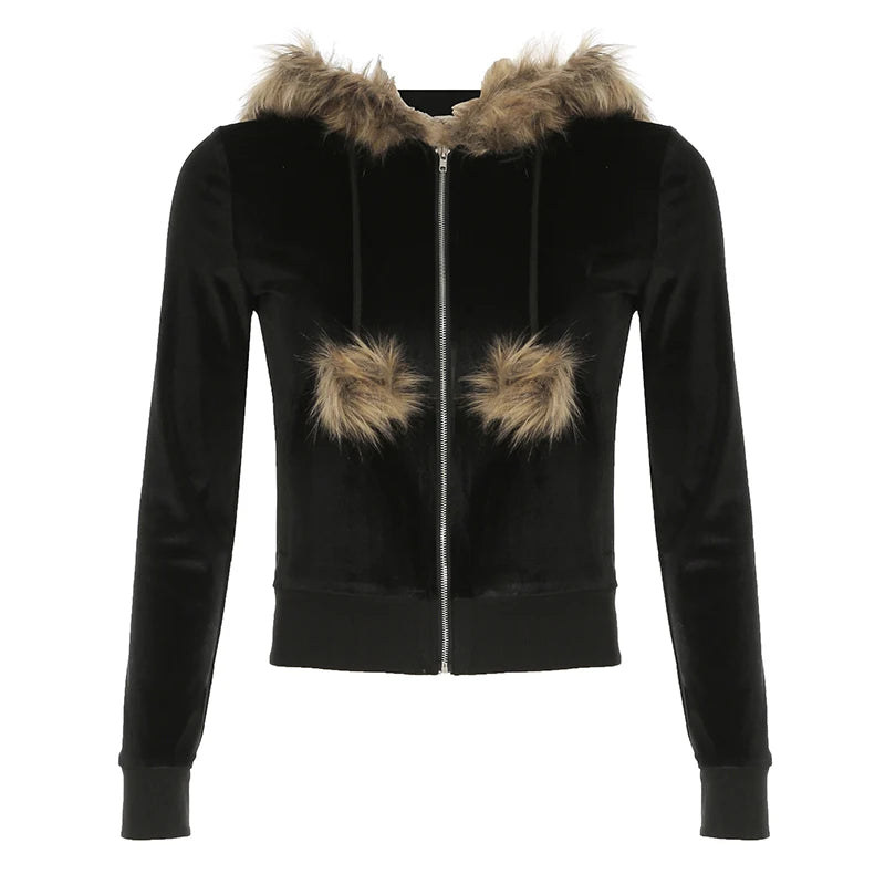 Black Velvet Faux Collar Hooded Sweats ��s Long Sleeve Causal Simple Hoodies Autumn High Clothes