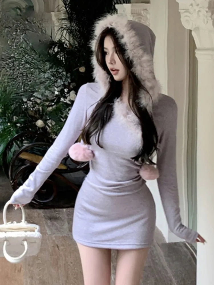 Y2k Sweet Outfits Party Dresses Woman Patchwork Long Sleeve Bodycon Hooded Mini Dress Autumn Korean Vestidos