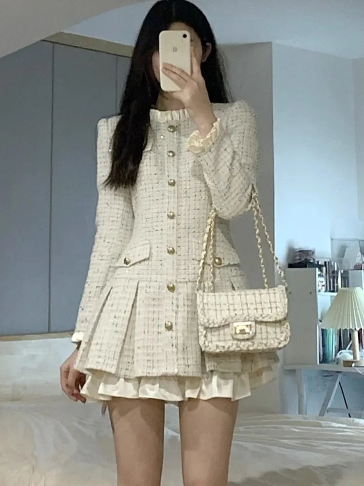 French Coat Dresses for Long Sleeve O-neck Ruffles A-line Short Dress Autumn Spring Korean Vestidos Mujer New