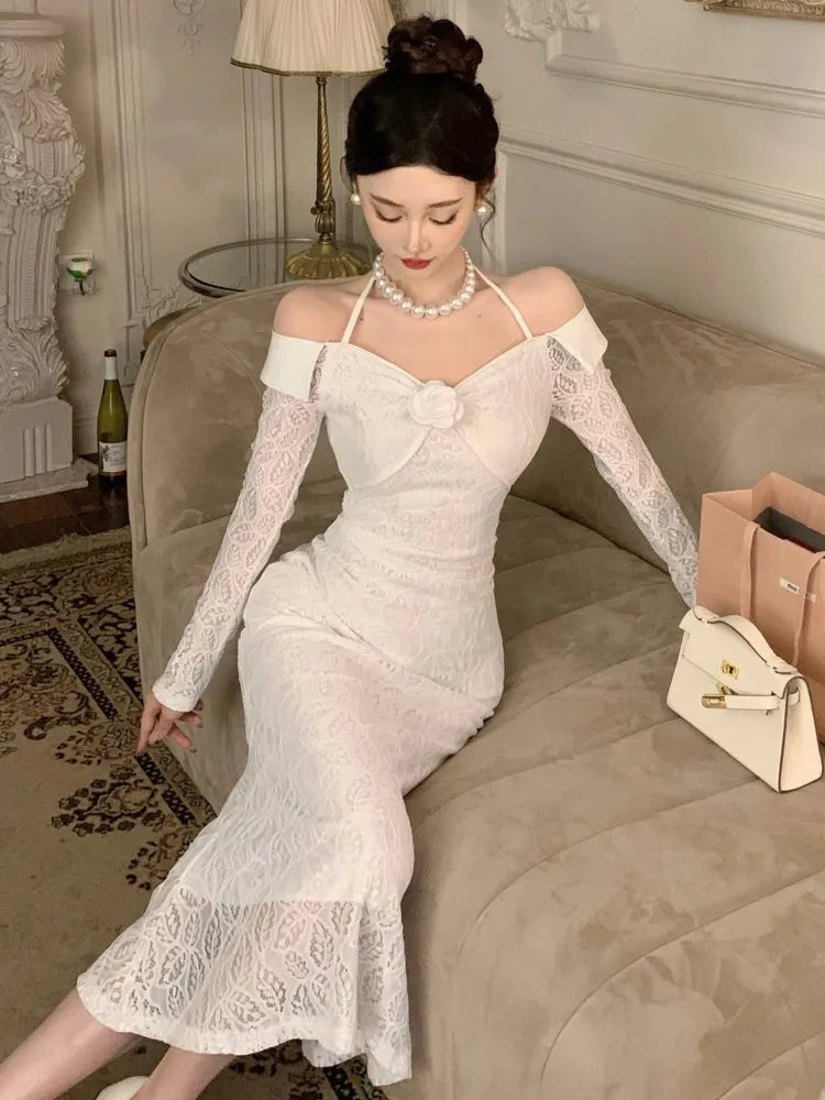 Long Dress Slash Neck Slim Bodycon Short Lace Dresses Evening Party Autumn Spring New Vestidos