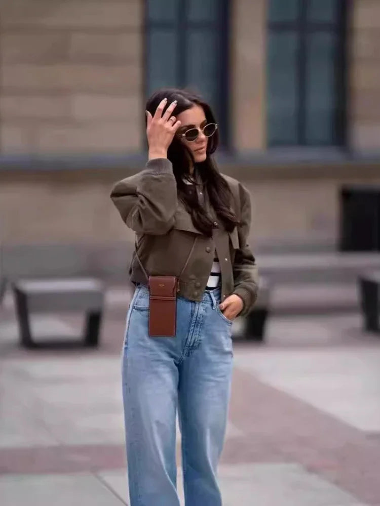 Basic Stand Collar Jacket Long Sleeve Cardigan Button Up Cropped Coat Baseball Outerwear Autumn Winter Clothes
