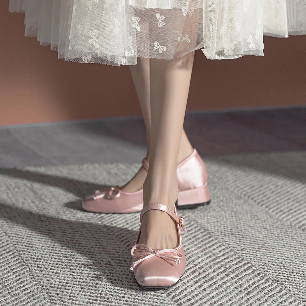 /girl's Pink Silk Pumps Sweet Bowtie Mary Janes Shoes Woman Square Toe Silk Tacones Ballerina Shoes Medhgh Heels Bow Shoes