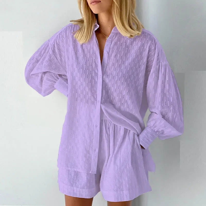 New Beach Shirt Shorts Twopiece Set Summer Tracksuit Female Loose Long Sleeve Top Suit Lounge Wear Homewear