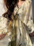Frehcn Midi Dress Office Lady Vneck Beach Party Dress Summer Chiffon One Piece Dress Korean