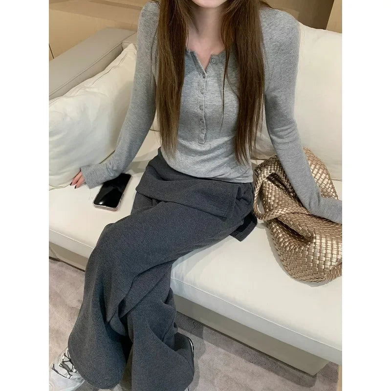 Fake Two Pieces Splicing Color Wide Leg Pants Spring New Korean High Waist Loose All Match Pants