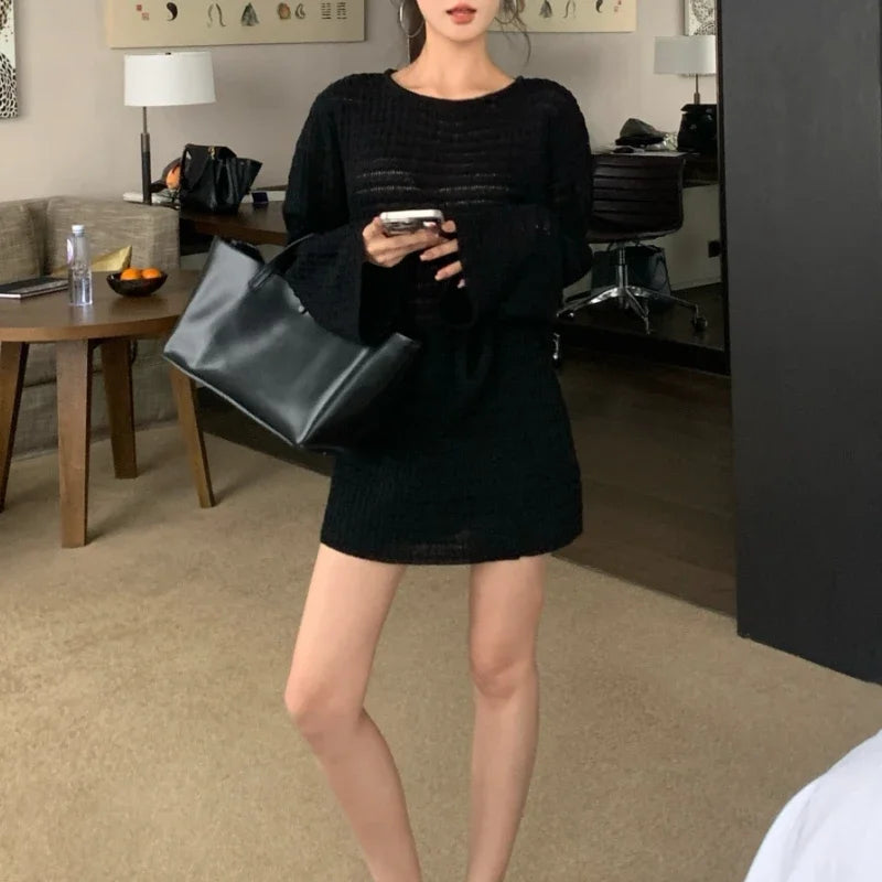 Autumn New Oneck Color All Match Hollow Flare Sleeve Sweater + High Waist Knitted Skirt Twopiece Suit