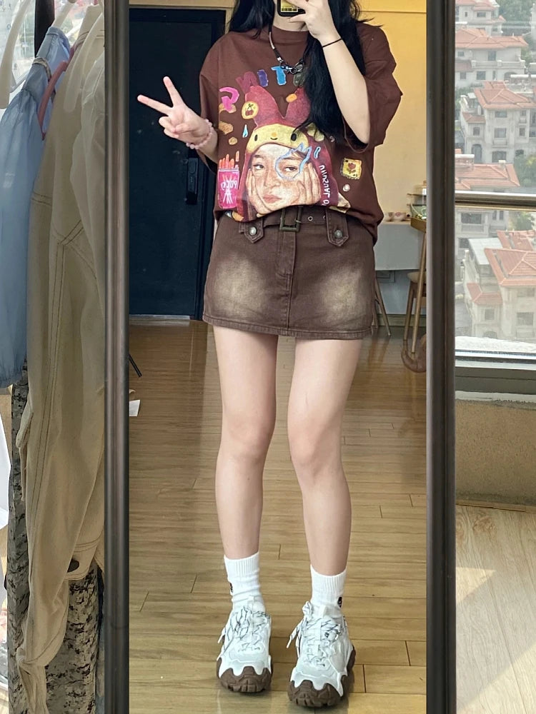 Maillard 2000s Aesthetic Japanese Harajuku Mini Jean Skirt Shorts Gyaru Cyber Punk Design Denim Y2k High Waist