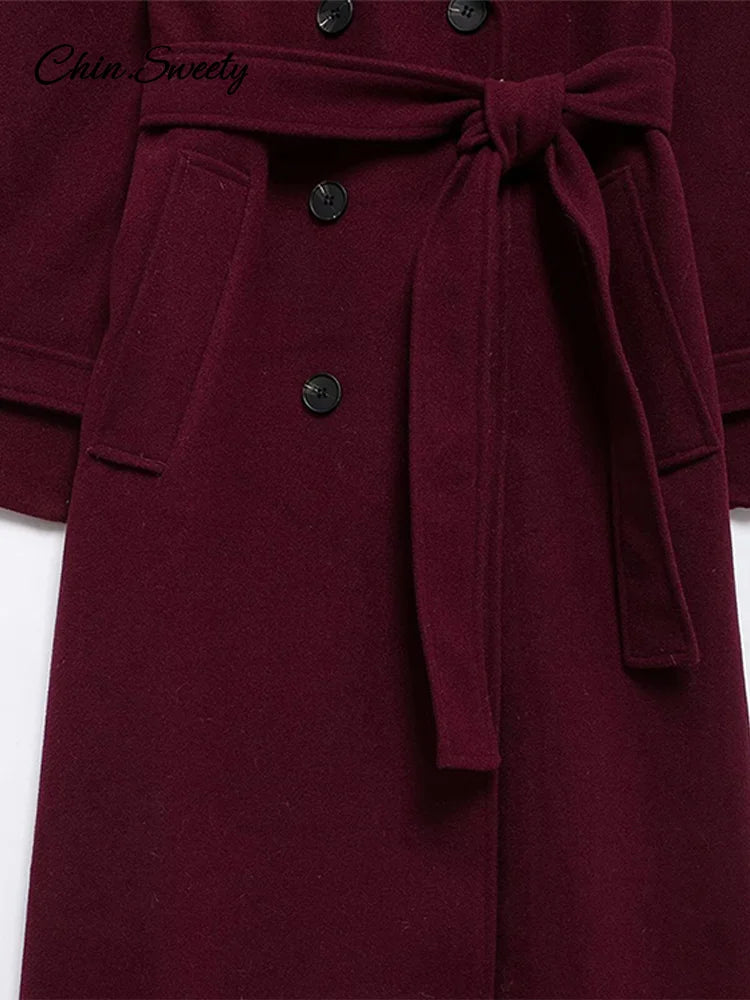 Burgundy Red Double Breasted Overcoat Lace Up Loose Lapel Pockets Long Sleeve Coat New High Street Outerwear