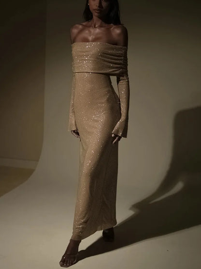 Strapless Sparkle Maxi Dress for Off-shoulder Backless Long Flare Sleeve Bodycon Club Party Dress