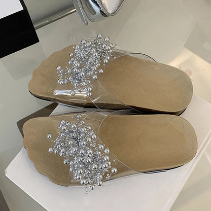 New Green Pearl Designer Slides Transparent Slippers Cozy Wide Open Toe Low Heels Beach Shoes Gladiator Sandals